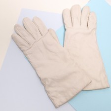 Vintage Real Kid Leather Gloves Women 7 1/2 Ivory Wrist Brown Cashmere lined