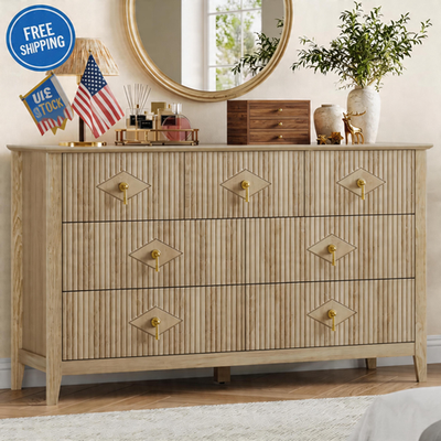 modern fluted dresser Garvee 56 Inch 6 Drawers Curved Profile Natural Oak Wooden Organizer for Bedroom Living Hallway a faux marble tabletop Streamdale Furniture 6-Drawer Fluted Wood