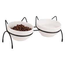 Ceramic Double Cat Dog Food Water Bowl Set, 15° Tilted Raised Stand, Anti-Vomit