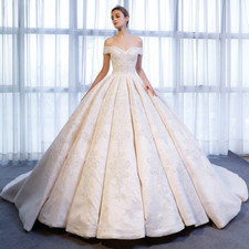 Vintage Satin A-line Wedding Dress Off Shoulder Sleeveless Ruffleed Bridal Gown