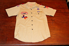Boy Scouts of America BSA Men's Shirt Tan Medium Sewn Patches Short Sleeve