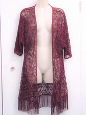 Liberty Love Tunic Top Size Medium Fringe Casual Dark Whine Kimono Dressy Lace