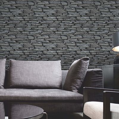 BLACK & SILVER SLATE STONE EFFECT WALLPAPER - FINE DECOR FD31291 NEW