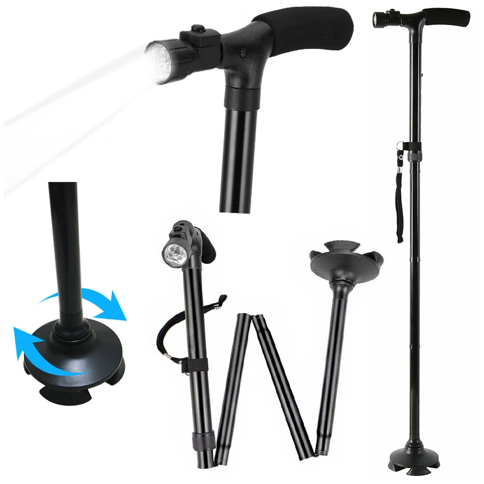 LED Adjustable Walking Cane Stick All Terrain Pivoting Base Travel Cane Folding - Image 2 of 4