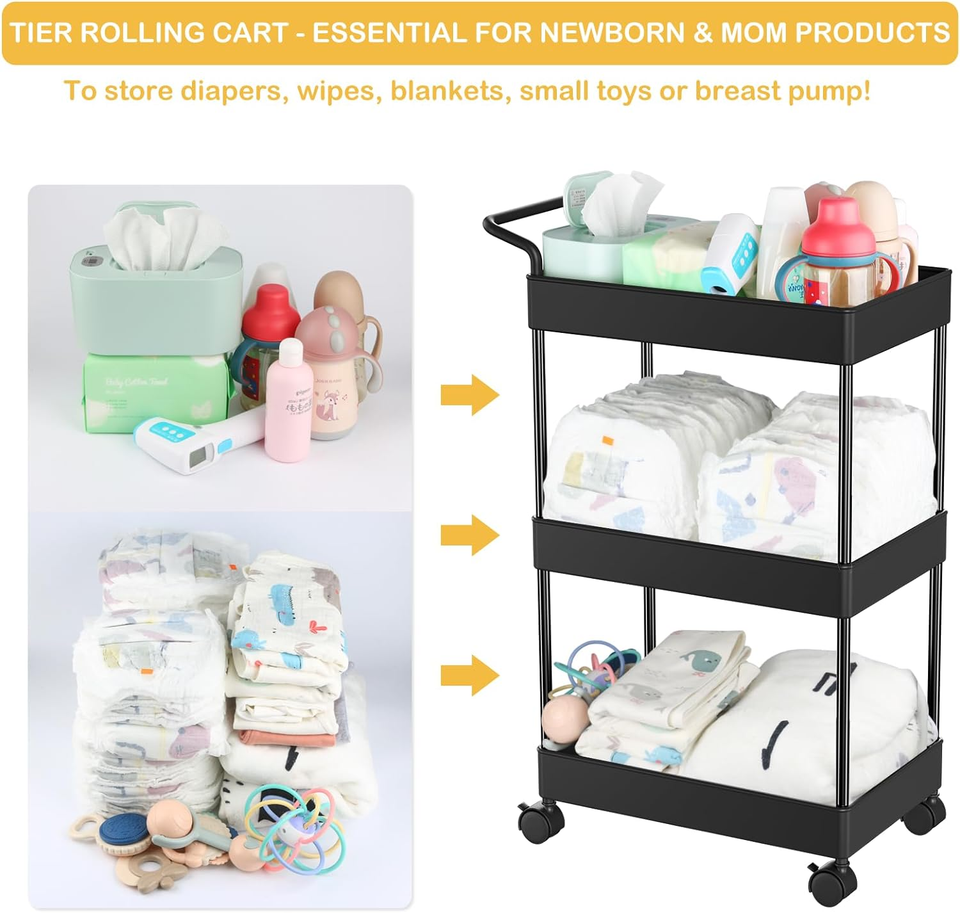 Baby Diaper Caddy, Plastic Movable Cart for Newborn Nursery Essentials