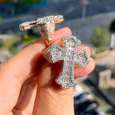 Hip Hop Cross Ring Rose Gold Silver Plated 5A Cubic Zircon Religious  Jewelry