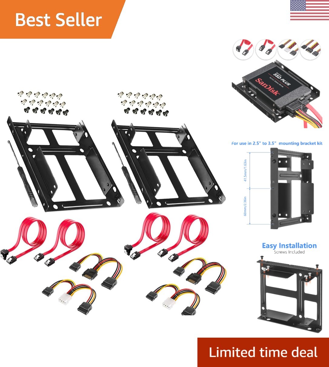 2 Pack SSD/HDD Metal Mounting Bracket kit 2.5 to 3.5, Convert Any 2.5 inch So...