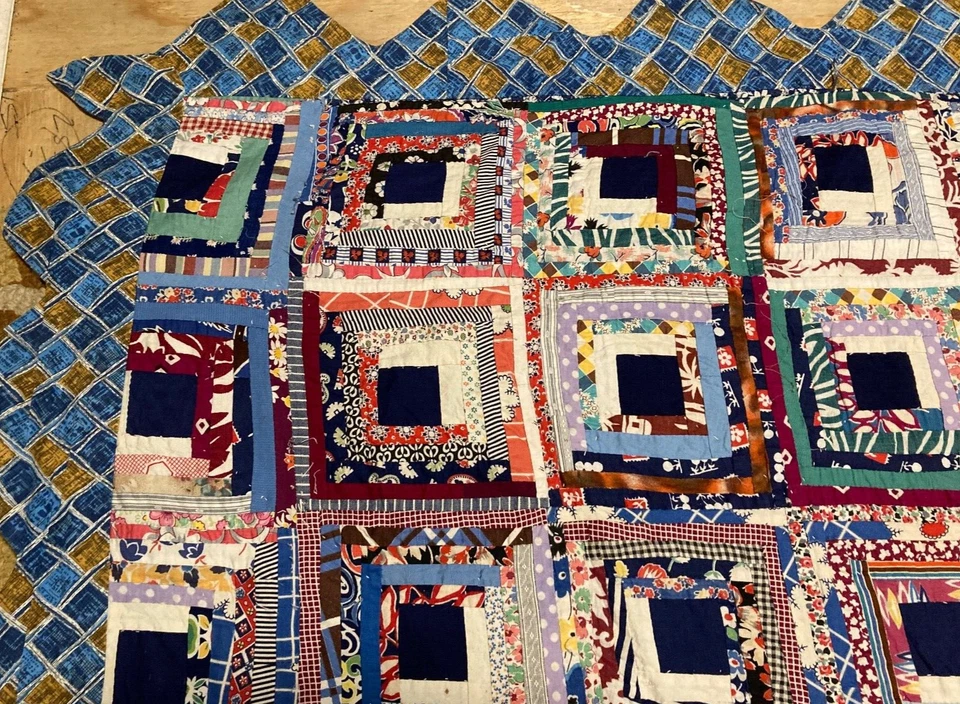 VINTAGE  QUILT  HAND- STITCHED 85 in X 64 in 30-40s Cotton Fabric basted only - Image 2 of 4