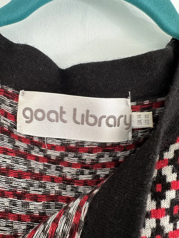 Goat Library Wool Mix Red Black White Geometric Pattern Sweater Zip Detail UK14 - Image 3 of 4