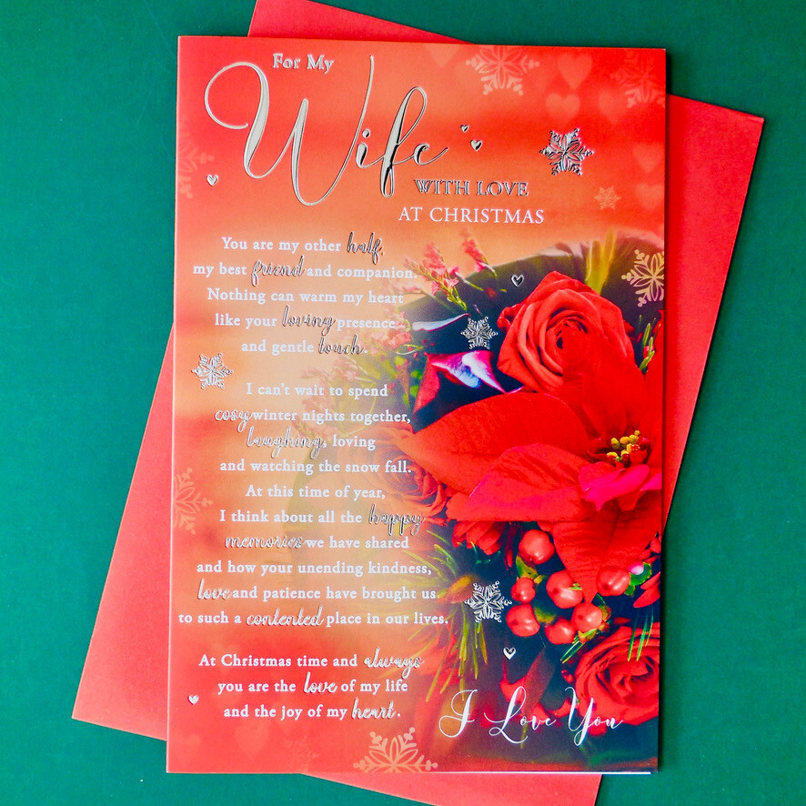 Wife Christmas Card 9""x6"" Nice long Verse Special Message Words Wordy Roses
