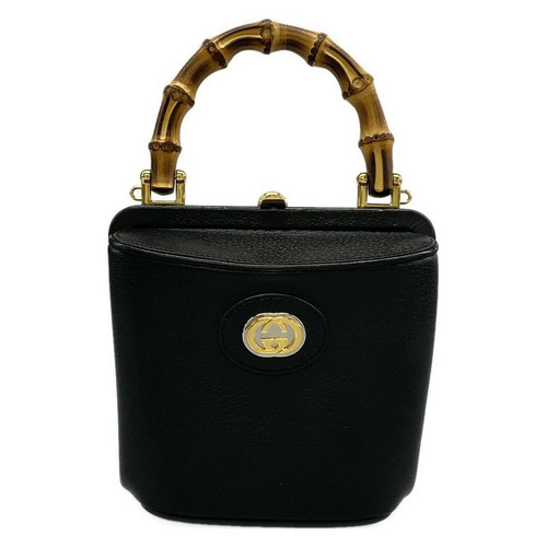 Gucci Mini Bamboo Buckle Leather Handbag Black Brown Used
