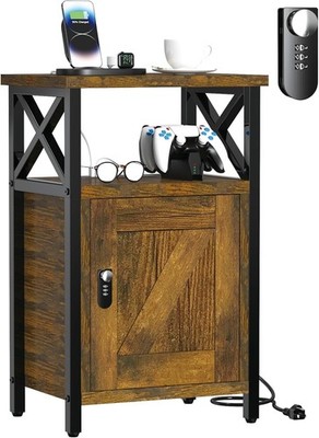 Wooden Nightstand W/ Lock Bedside Table W/ Drawer Bed Side Table W/ Charging