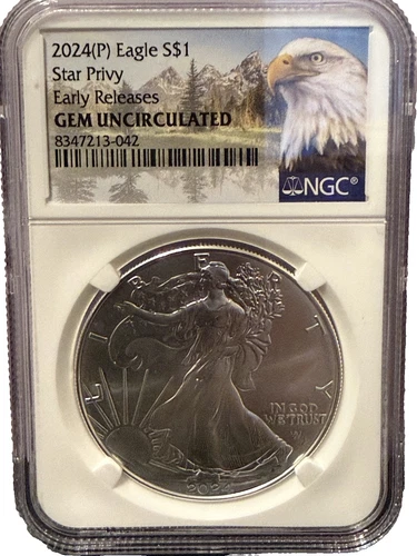 2024(P) American Silver Eagle w/ Star Privy NGCGem Uncirculated. Early Releases