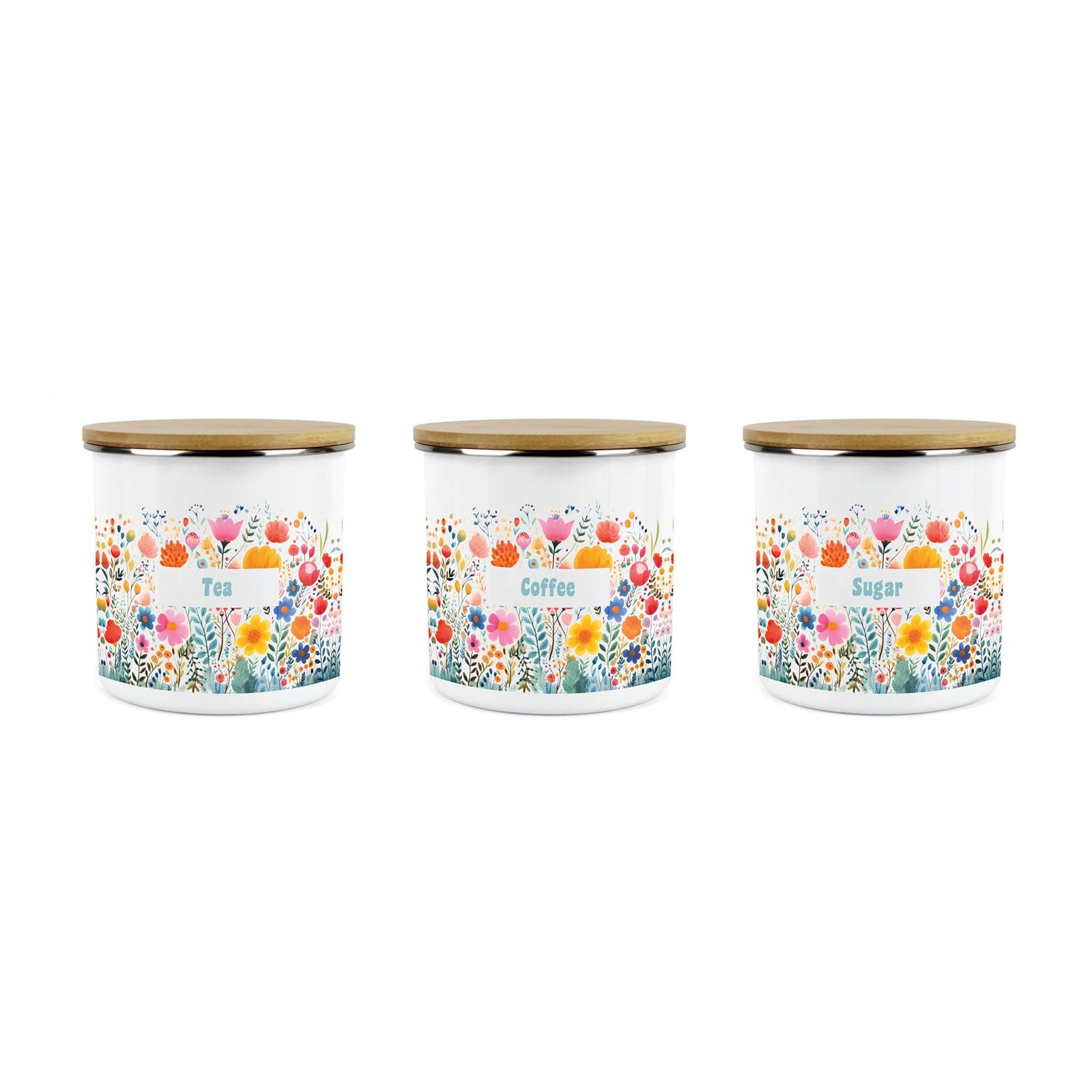 Bright Floral Tea, Coffee & Sugar Canister Set - Colourful Kitchen Storage Gift