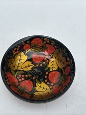 Vintage  Small Hand Painted Bowl Lacquered Wood USSR Soviet Union Black/Red/Gold
