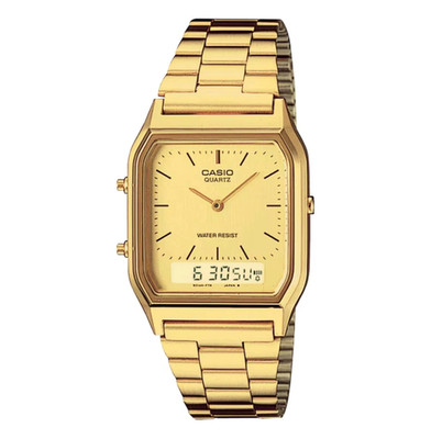 New Casio AQ230GA-9D Men's Analog Digital Dual Time Gold Tone Metal Band Watch