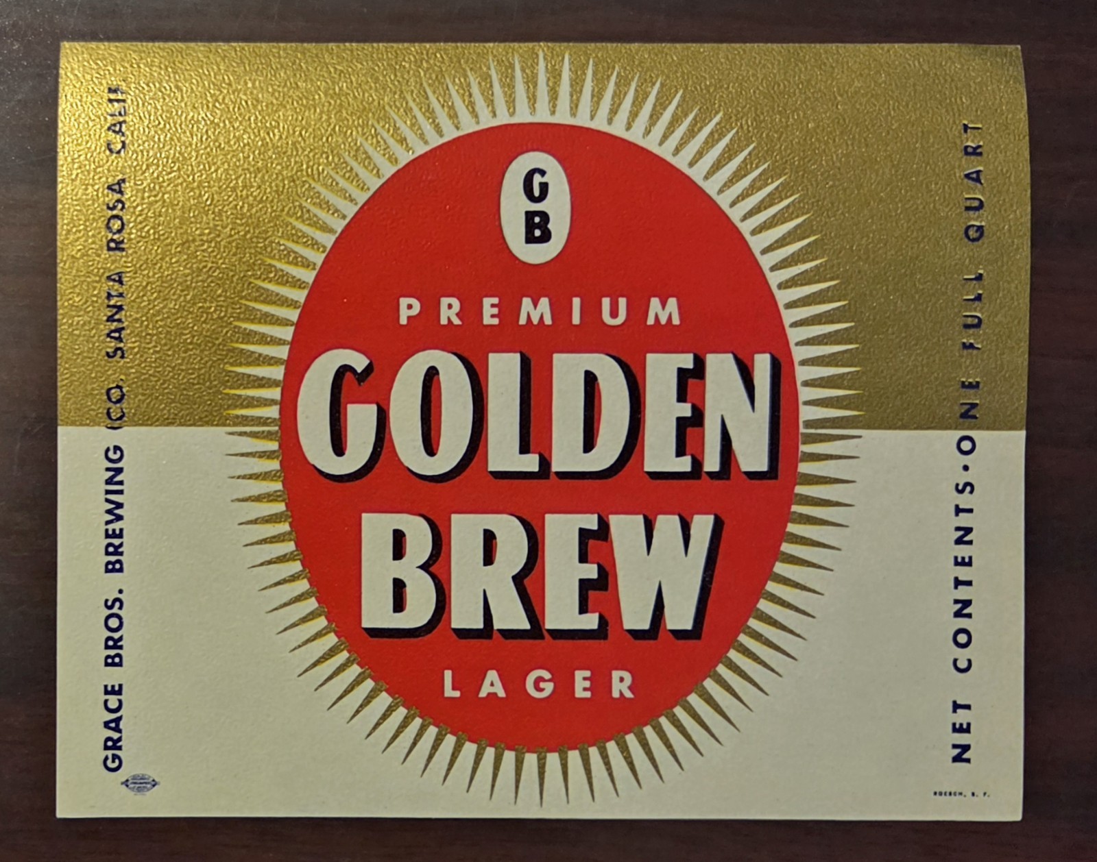  GOLDEN BREW LAGER BEER LABEL GRACE BROS BREWING SANTA ROSA CA. QUART 