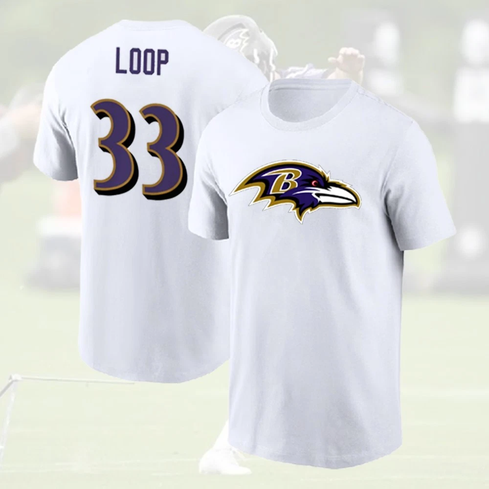 Tyler Loop #33 Baltimore Ravens 2025 Player Name & Number Double Sided T-Shirt