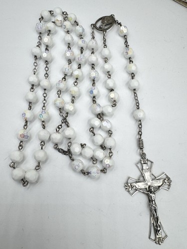 Vintage 28” Sterling Silver 925 & Opal Crystals Rosary Religious Jesus Mary