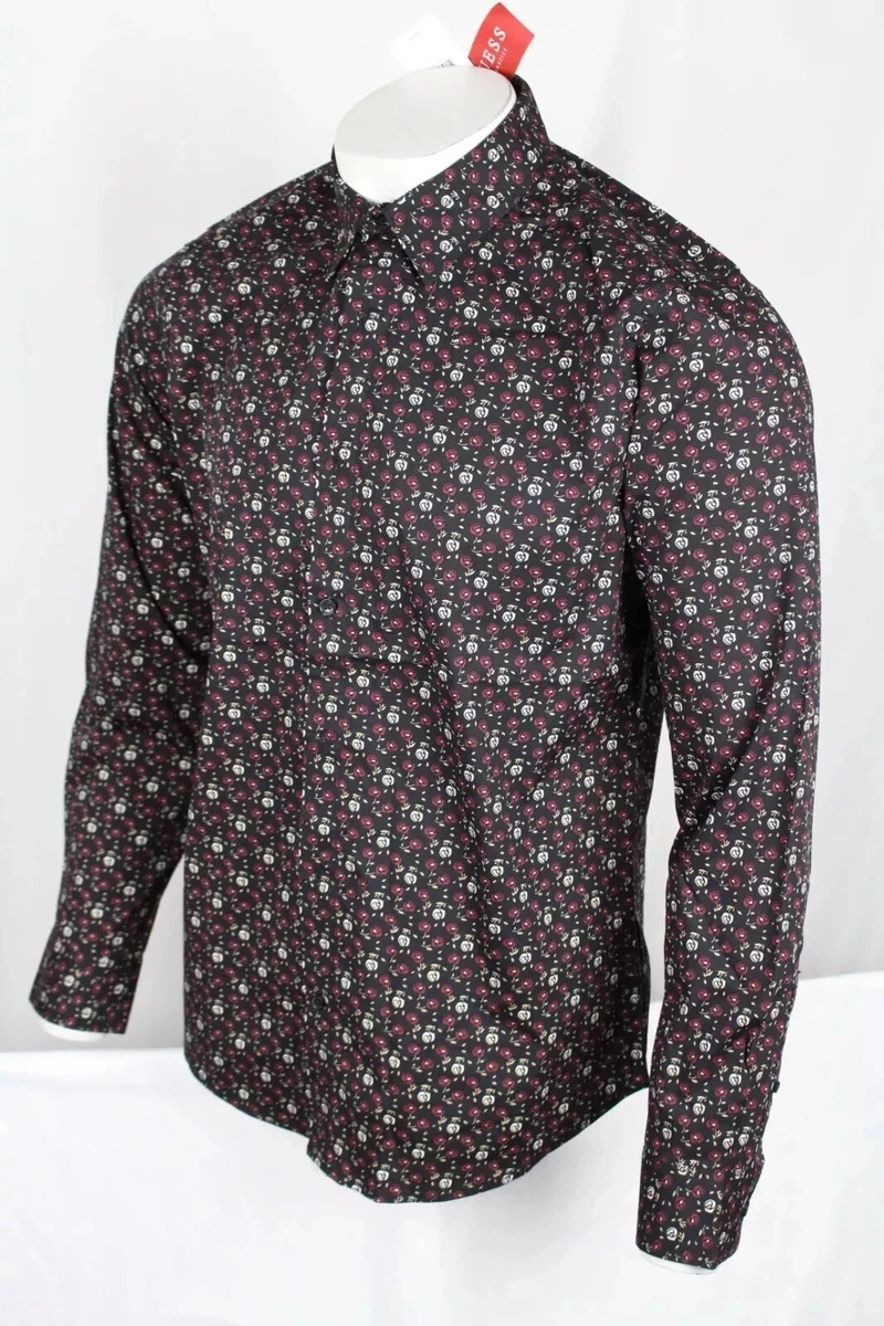 Camisa Guess Jeans Para Hombre Noa Roses Manga Larga Botón Calce Ajustado S Pequeña Negro Jet