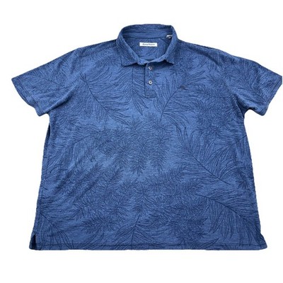 Tommy Bahama Polo Shirt XXL 2XL Blue Floral Leaf Print Tencel Modal Performance