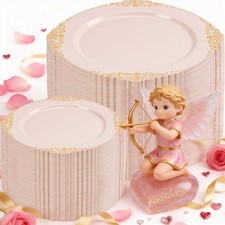 200PCS Pink and Gold Plates - Pink Plastic Plates - Fancy Disposable Plate wi...
