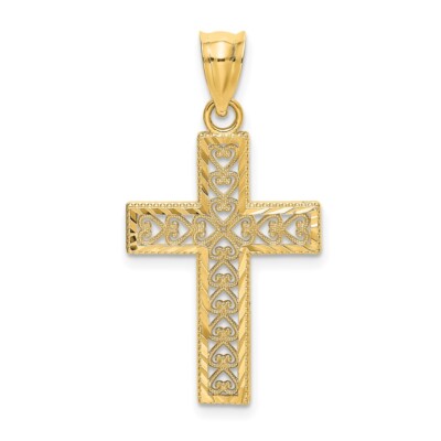 Echt 10K Gelbgold Diamantschliff Rand und filigranes Mittelkreuz Charm