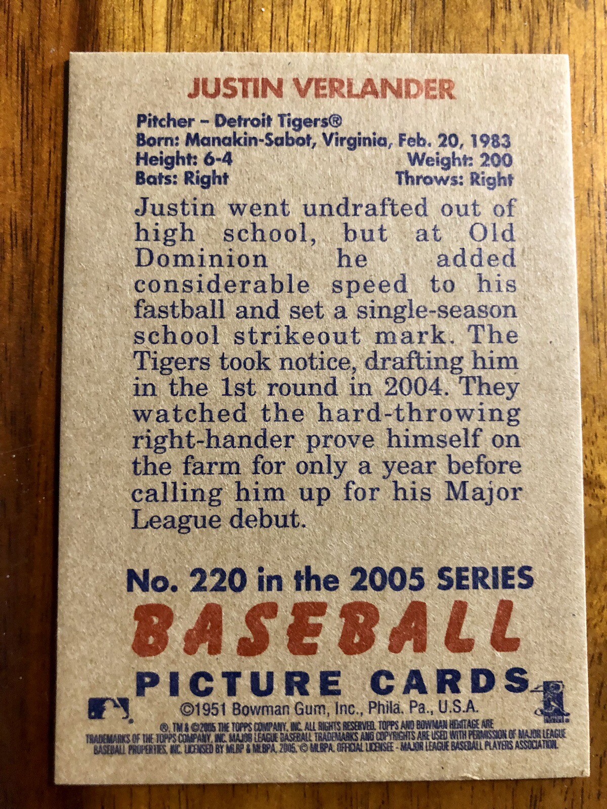 Justin Verlander 2005 Bowman Heritage Mahogany First Year RC #220 Detroit Tigers - Picture 2 of 2