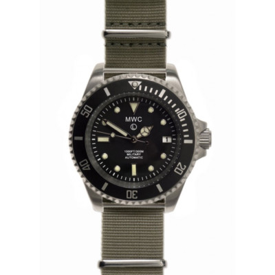 Montre Plongeur Homme MWC Automatique 300m - Acier, Cadran Noir, Bracelet Tissu Vert, Neuve Avec Boîte