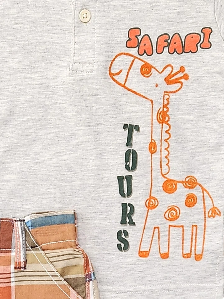 Infant Boys 2-Piece Gray Safari Polo Shirt With Brown Plaid Shorts Set - Image 2 of 2