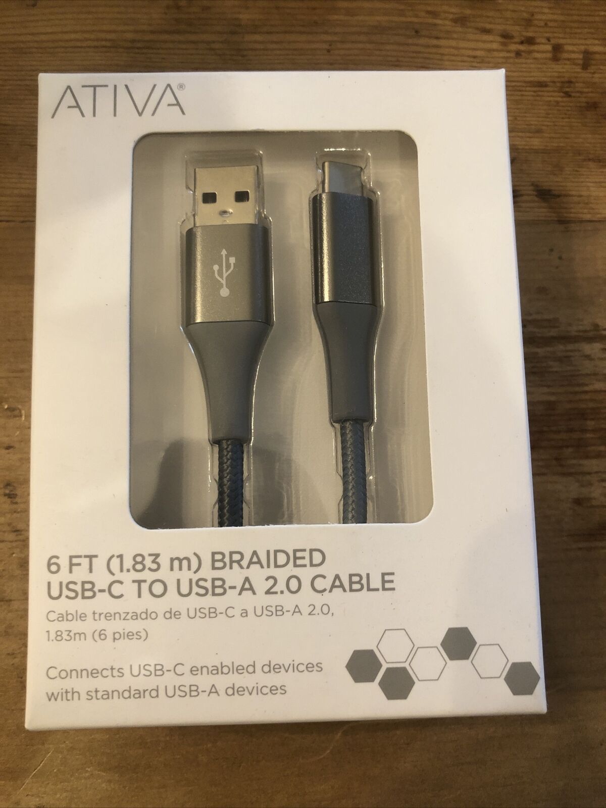 Ativa 6ft Braided USB-C to USB-A 2.0 Cable - NIB