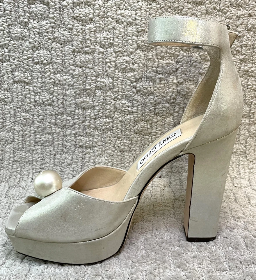 Sandalias Jimmy Choo Champagne Shimmer Zapatos Socorie 38 EE. UU. 8 Plataforma Borde Perlado Foto 4 de 4