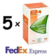 5 X 105 pcs Nicorette Nicotine Chewing Coated Gum 2mg Fresh Fruit Exp. date 2026