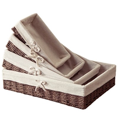 Rustic Wicker Fruit Storage Basket Faux Rattan Woven Rectangular Bow Organizer