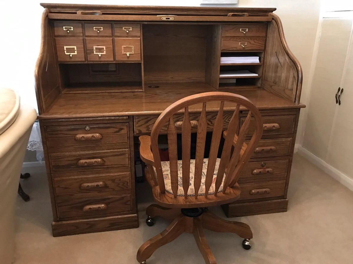 Solid Oak 90s Front Roll Top Computer Desk and Chair