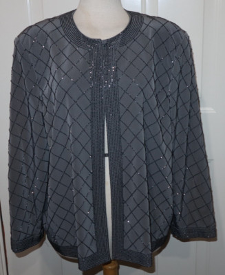 Vintage 80s Esther Wolf Jovani New York Gray Evening Beaded Silk Jacket ~NEW~ 14