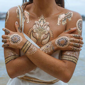 HENNA TEMPORARY TATTOO METALLIC TEMPORARY TATTOO GOLD FLASH TATTOOS TRIBAL | eBay