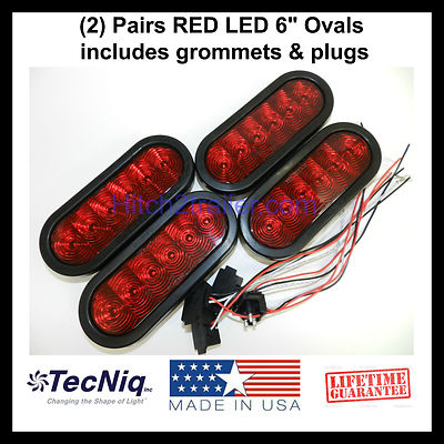 (4) Trailer Truck LED Sealed RED 6'' Oval Stop/Turn/Tail Light TECNIQ USA