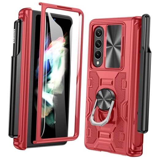Case for Samsung Z Fold 3, Z Fold 3 Case with Hinge Protection S Pen Red