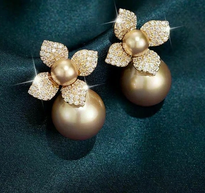 Gray Champagne Vintage Double Pearl Crystal Flower Pearl Stud Earrings For  Women