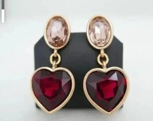 Authentic Heart Cut Simulated Red Garnet Fancy Drop Dangle Earring 14K Yellow Gold Plated