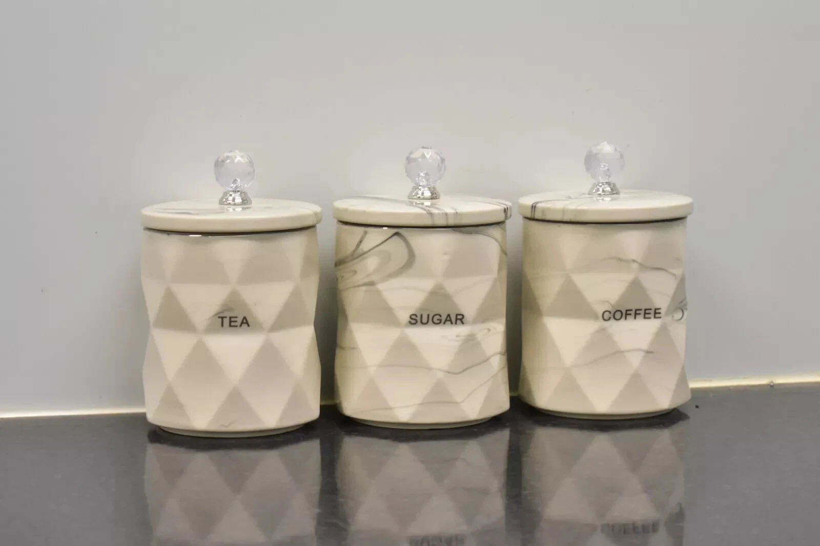 Set of 3 Cream Marble Design Coffee Tea Sugar Canisters Container Kitchen Jar
