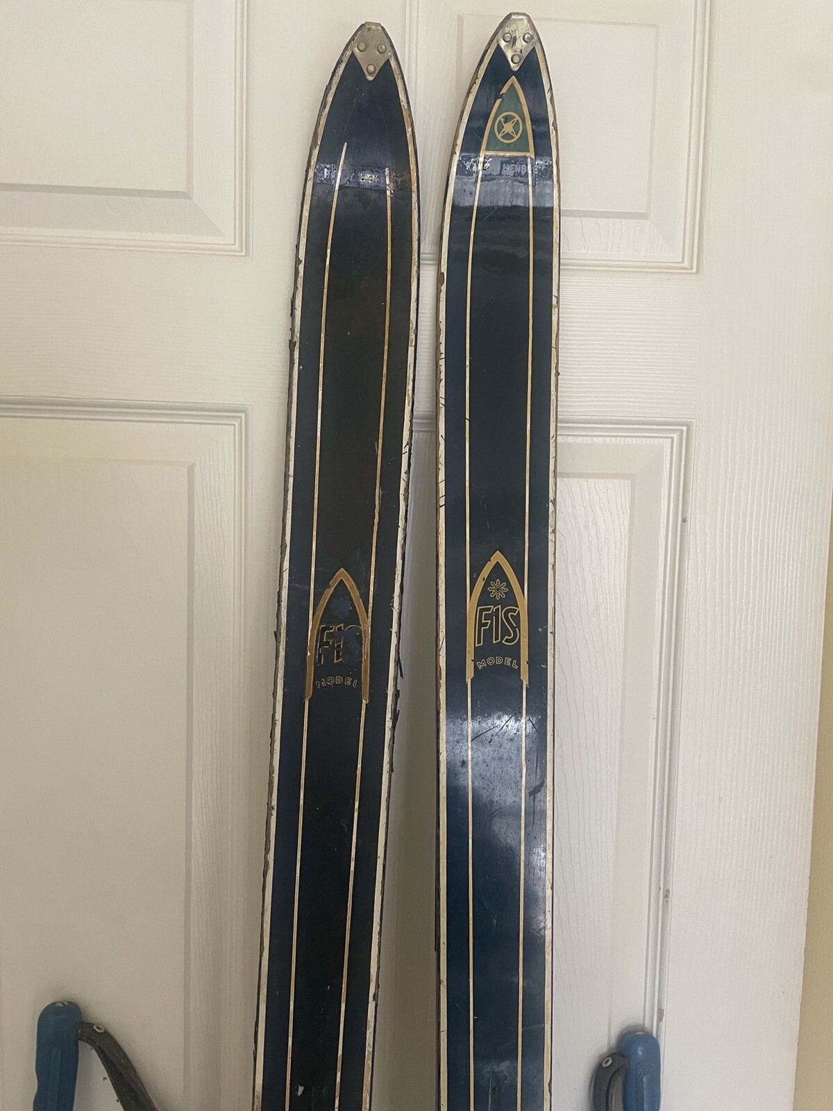 Vintage Blue Wood FIS Snow Skis, Made In Austria, With Poles, Lodge