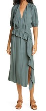 ULLA JOHNSON Leah Draped Ruffled Crepe Midi Dress Green Size 4 $575 NEW SOLD OUT