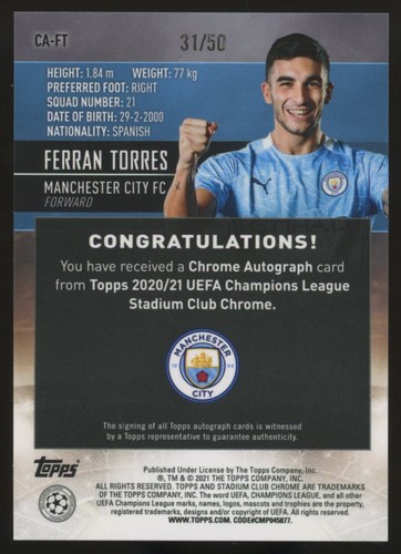 2020/21 Topps Chrome UEFA Champions Ferran Torres Gold Refractor Auto /50 #CA-FT - Picture 2 of 2
