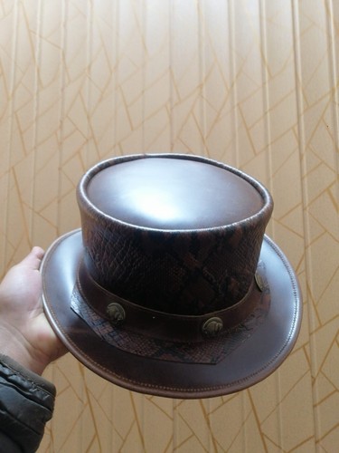 El Dorado Genuine Brown Leather Biker Top Hat Steampunk Style Leather Top Hat - Picture 2 of 15