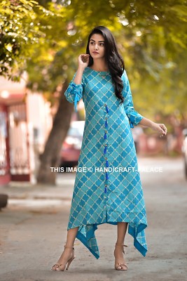 Indian Blue Bollywood Pakistani Rayon Printed Women Kurta Kurti