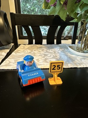 Fisher Price Little People Policeman Figure & Car Blue & Red & Speed Sign Vntg