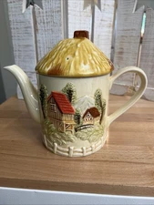 (#947).  M & R Marks & Rosenfeld Ceramic Coffee Tea Pot Country Scene Vintage