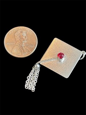 Vtg 1960 s Sterling Silver Graduation Cap Tassel Red Ruby 3D Charm 925